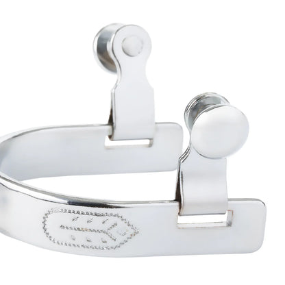 close up of silver colored spur band and button on a white background