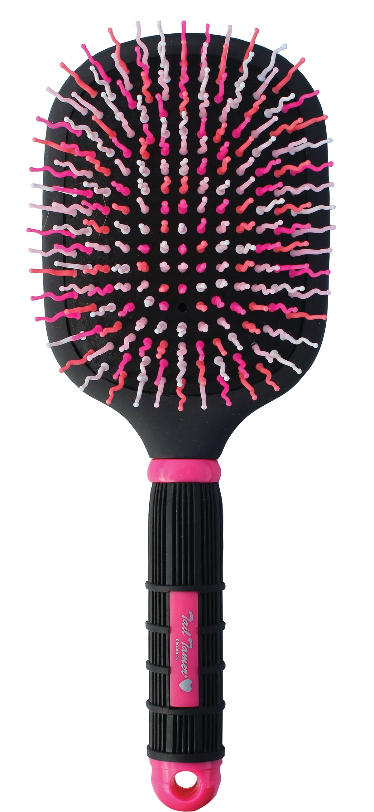 A Mod Paddle Brush with a black and pink rubber handle and wavy bristles designed for horse grooming.