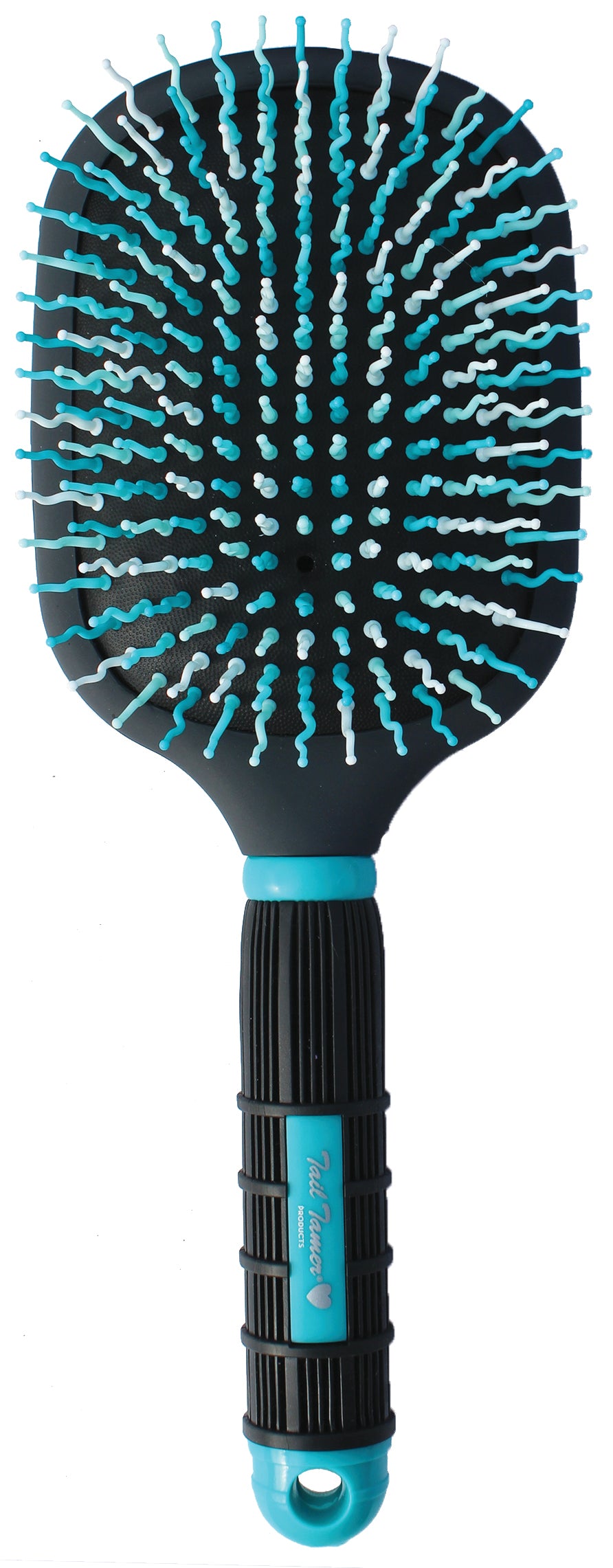 A Mod Paddle Brush with a black and turquoise rubber handle and wavy bristles designed for horse grooming.