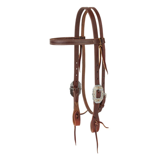 Brown leather horse bridle with decorative buckles on a white background