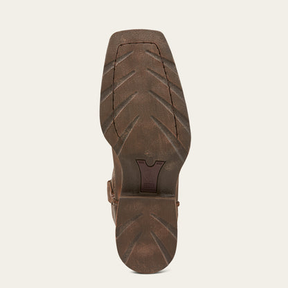 a brown scoured duratread outsole of a cowboy boot