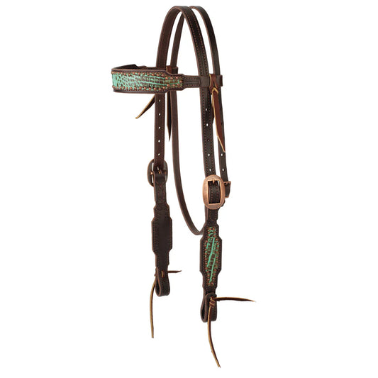 Brown leather Weaver horse bridle with turquoise croc overlay and copper spots on a white background