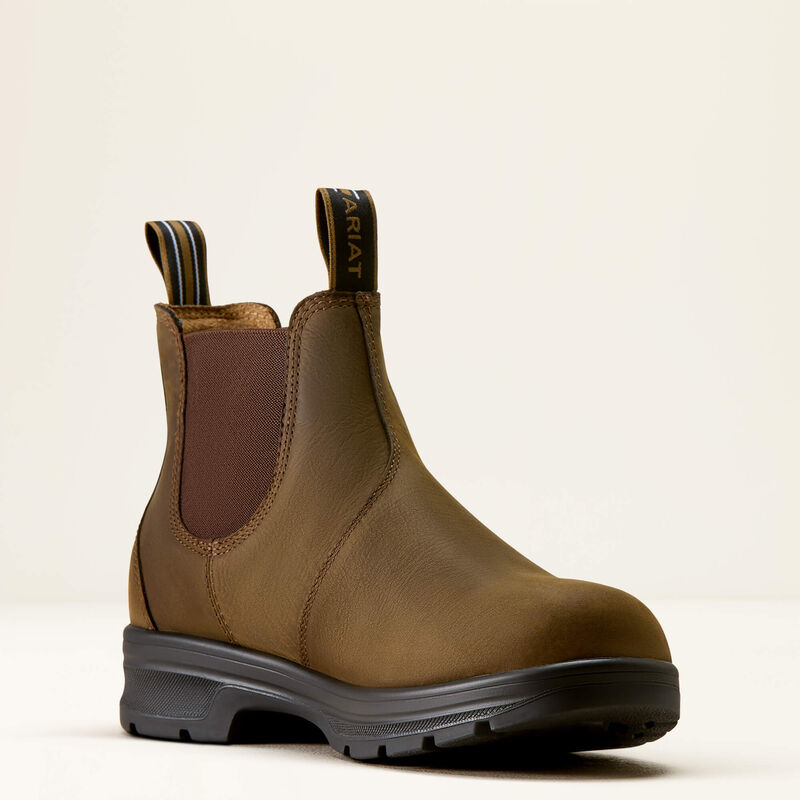 Pull on Ariat leather shoe in brown color on a white background