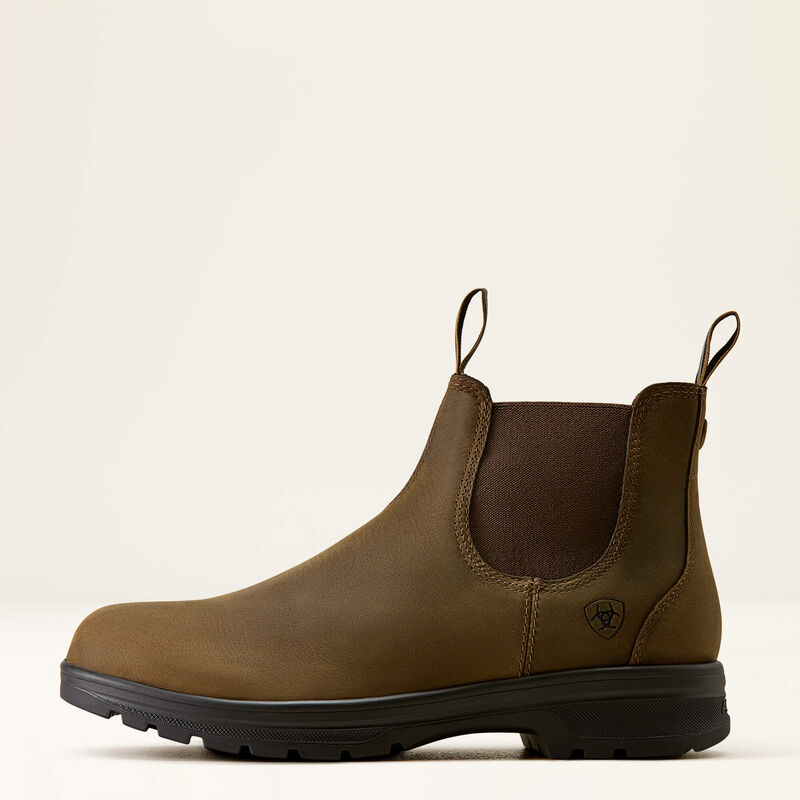 Pull on Ariat leather shoe in brown color on a white background