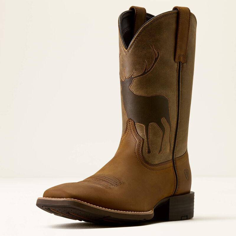 Brown leather Ariat boot with a deer printed on it on a white background
