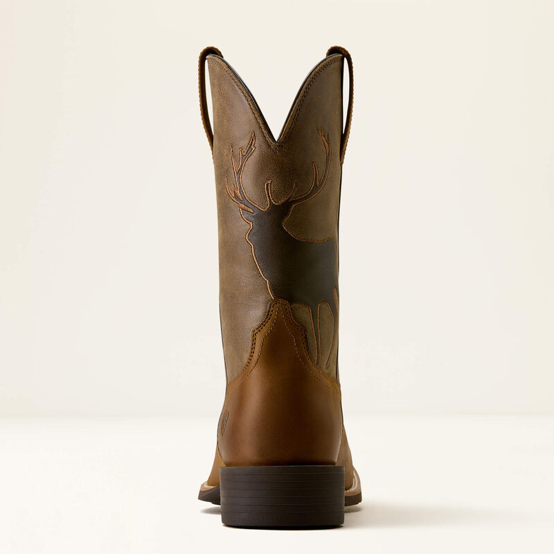 Brown leather Ariat boot with a deer printed on it on a white background
