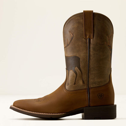 Brown leather Ariat boot with a deer printed on it on a white background