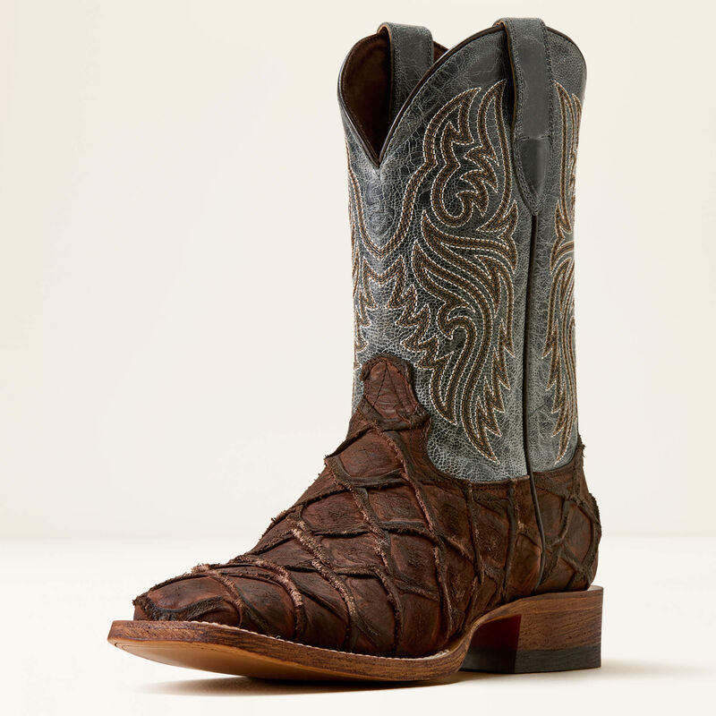 Leather boot from Ariat in blue and brown with a textured foot on a white background