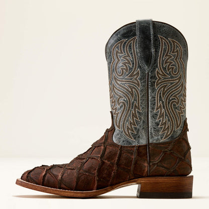 Leather boot from Ariat in blue and brown with a textured foot on a white background