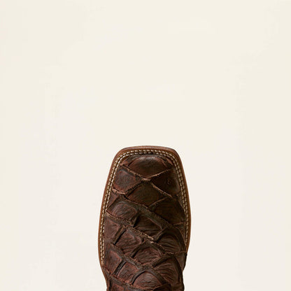 Toe of a leather Ariat boot on a white background