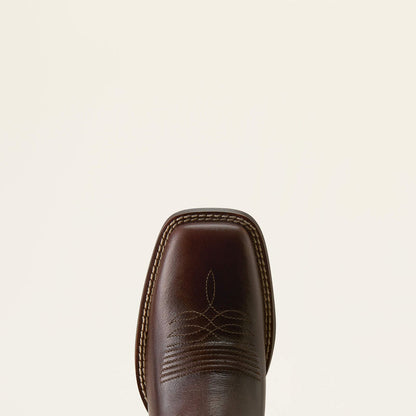 Toe of a leather Ariat boot on a white background