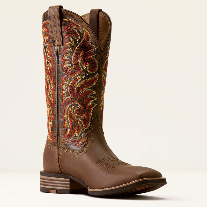 Brown leather Ariat boot with orange stitched design on a white background