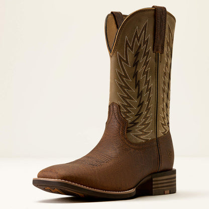 Brown leather boot from Ariat with a tan shaft on a white background