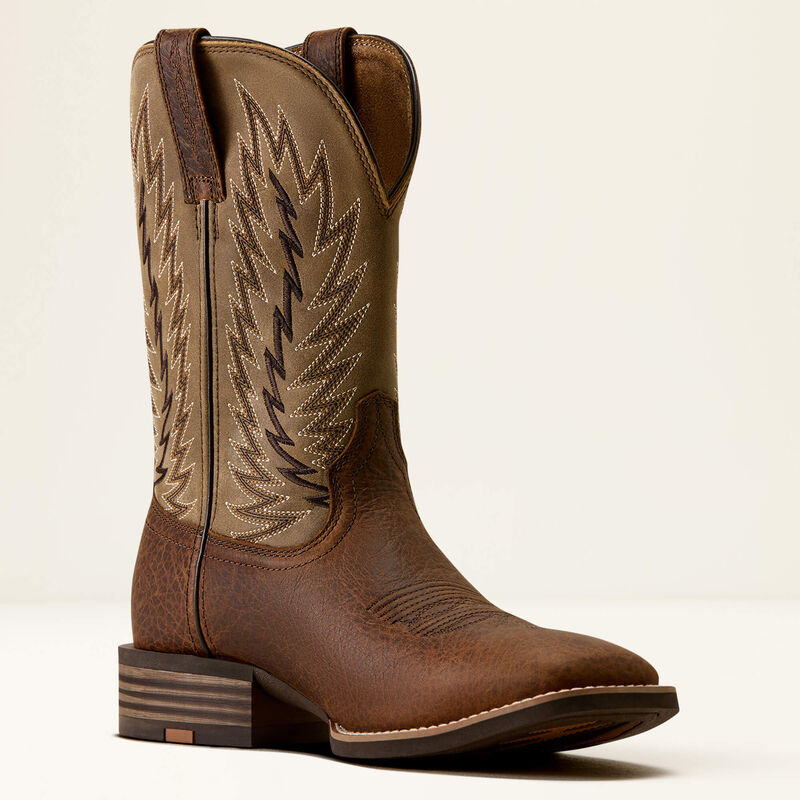 Brown leather boot from Ariat with a tan shaft on a white background