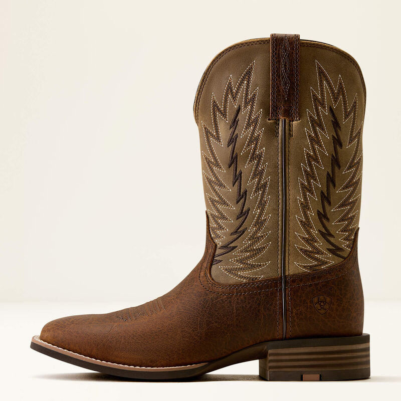 Brown leather boot from Ariat with a tan shaft on a white background