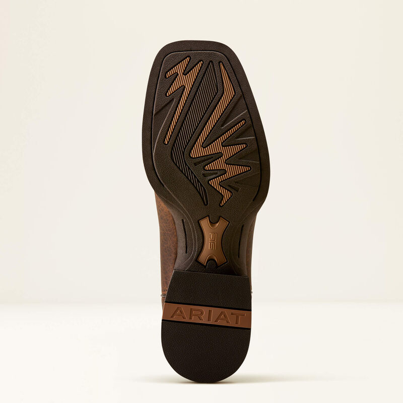 Sole of a brown leather boot from Ariat on a white background