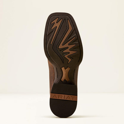 Sole of a brown leather boot from Ariat on a white background
