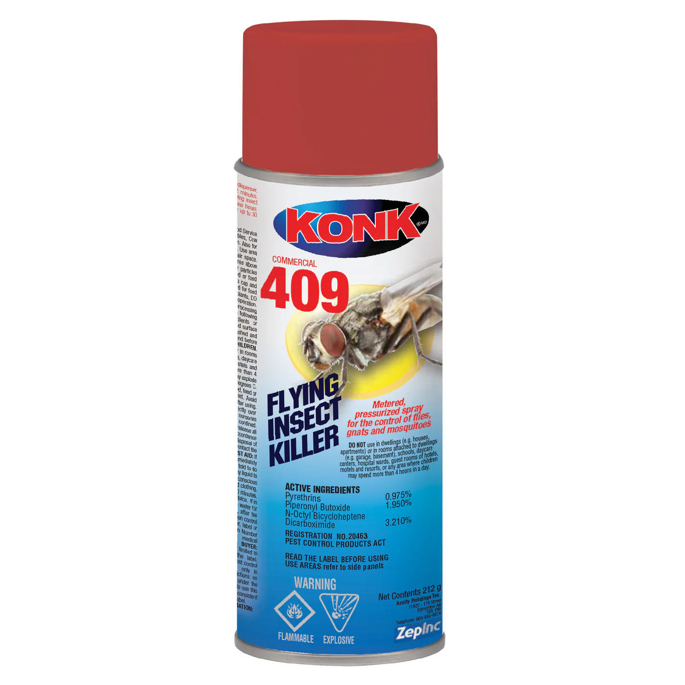 A can of Konk 409 Flying Insect Killer spray with a red cap, white and blue label, and a red insect graphic, shown on a plain white background.