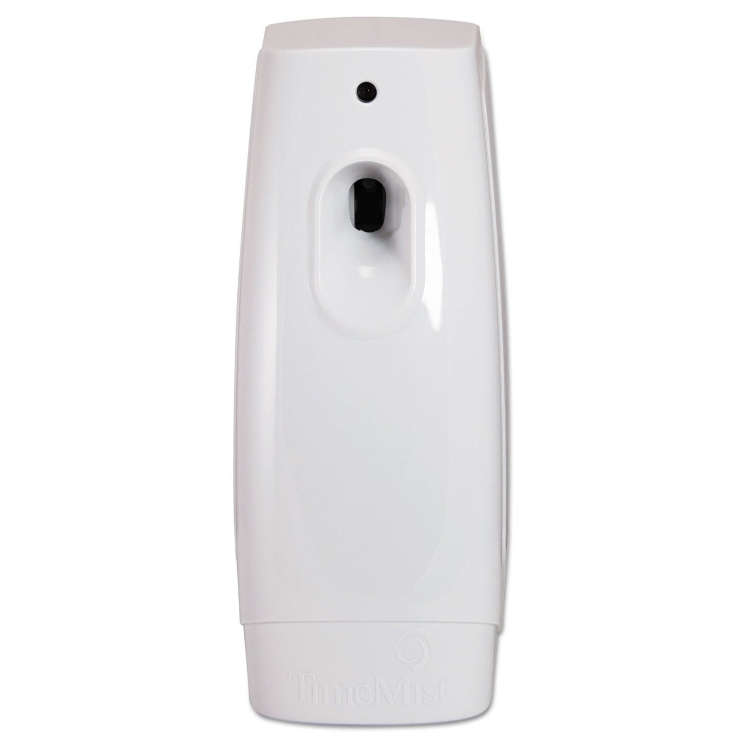 A white wall-mounted dispenser with a glossy finish, featuring a central oval opening, a small circular hole near the top, and a faint embossed logo at the base.