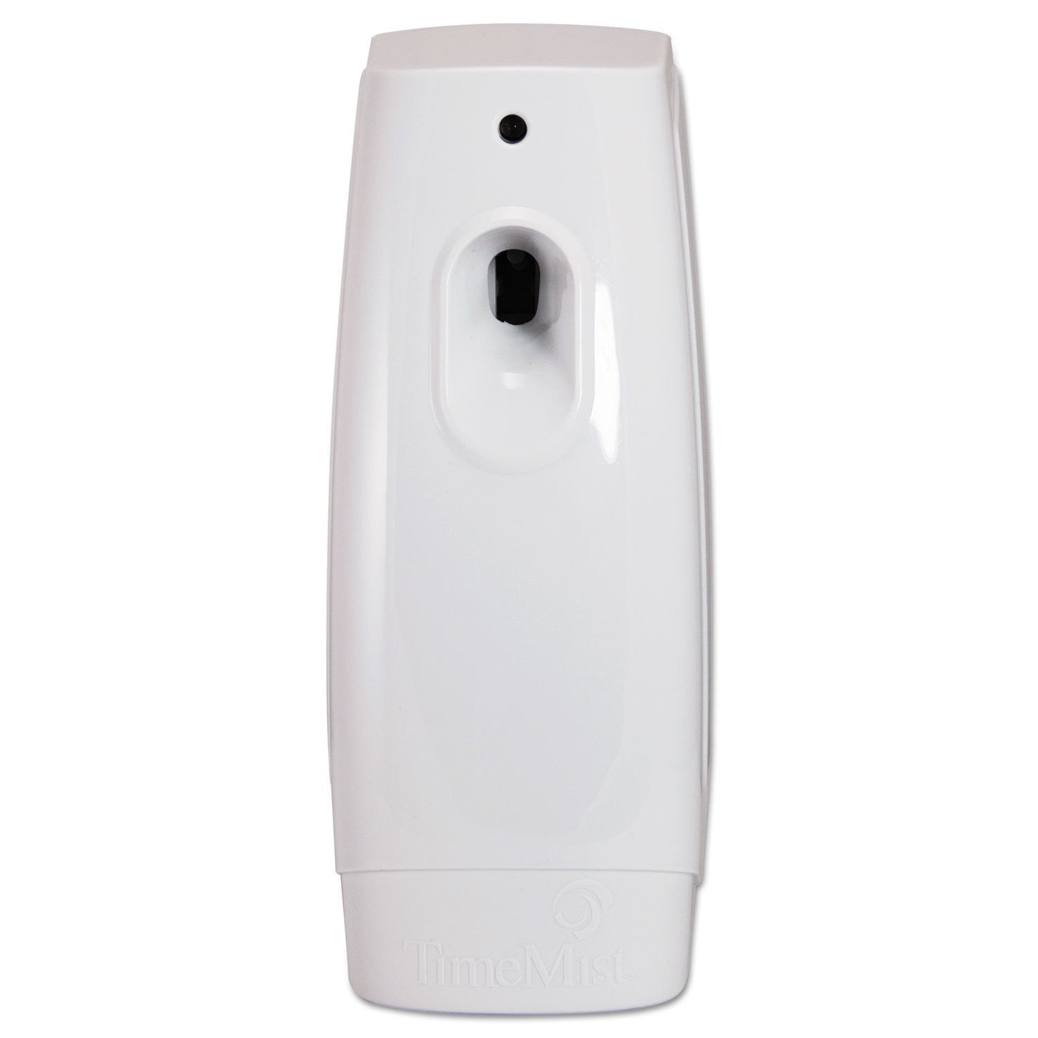 A white wall-mounted dispenser with a glossy finish, featuring a central oval opening, a small circular hole near the top, and a faint embossed logo at the base.