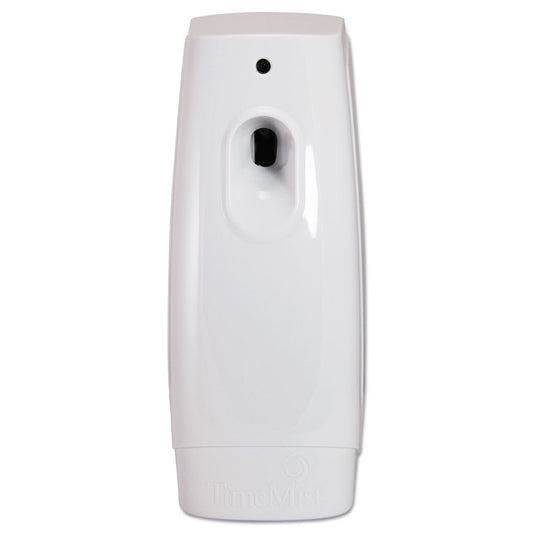 A white wall-mounted dispenser with a glossy finish, featuring a central oval opening, a small circular hole near the top, and a faint embossed logo at the base.