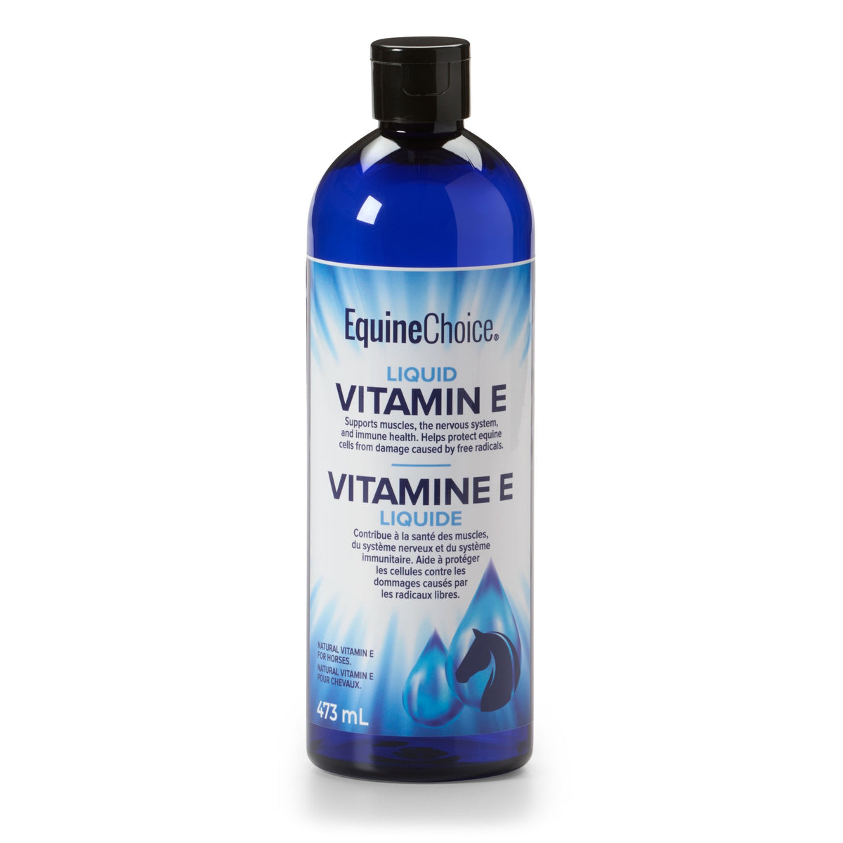 a blue bottle of Equine Choice Liquid Vitamin E