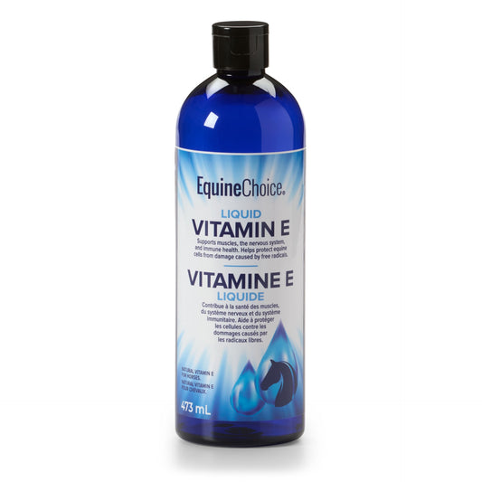 a blue bottle of Equine Choice Liquid Vitamin E