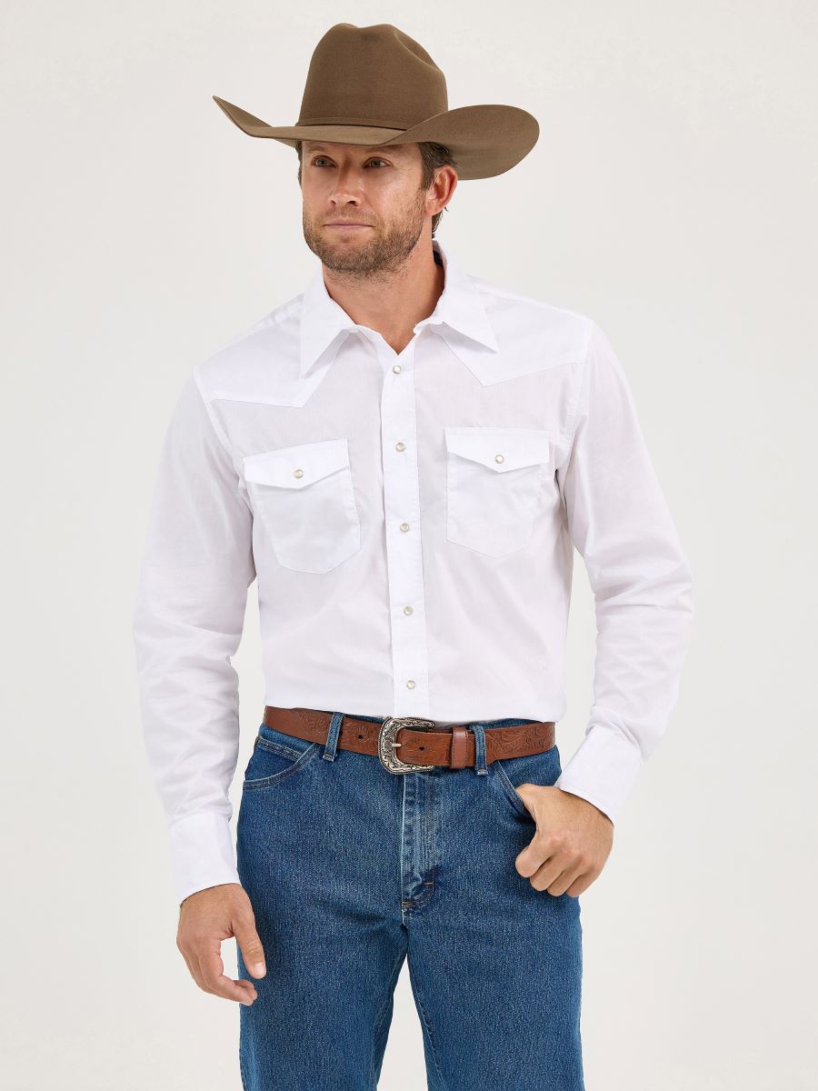 Man wearing a white button-up Wrangler shirt, blue jeans, and a brown cowboy hat on a white background
