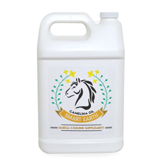 a 4 litre jug that is white with the words camelina oil smart earth with a horse head all on a white background