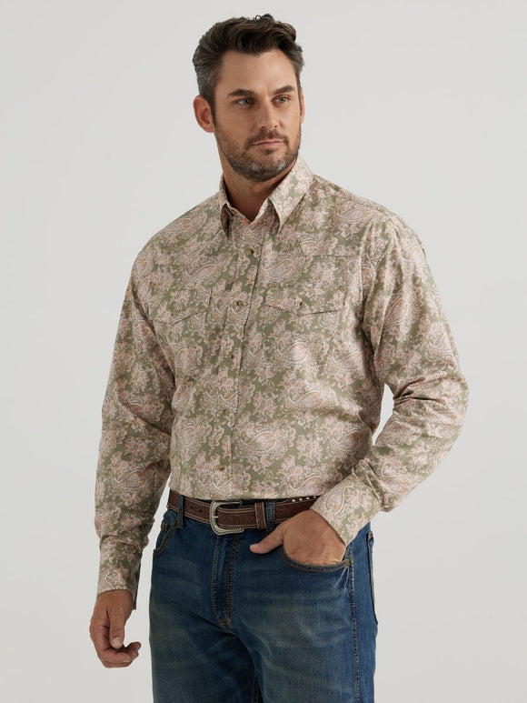 George Strait™ Olive & Pink Paisley Men's Shirt by Wrangler®