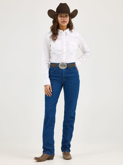 Woman wearing a white Wrangler shirt, blue jeans, and a brown cowboy hat on a white background