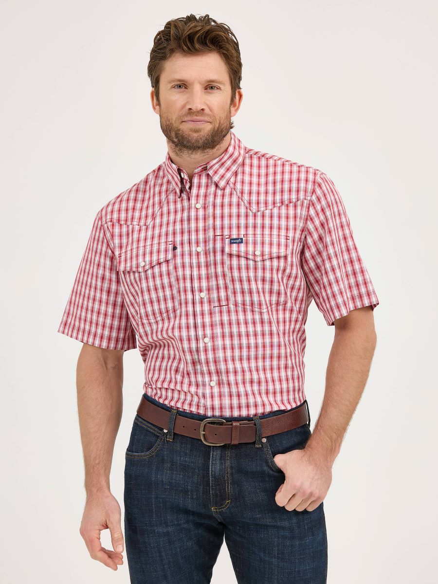Classic Fit Red Plaid Performance Short Sleeve Men's Shirt by Wrangler®