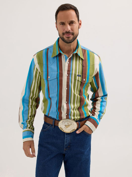 Brush Popper™ Green & Blue Stripe Men's Shirt by Wrangler®