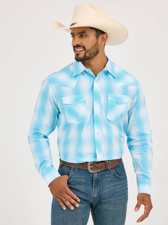 20X™ Stretch Fit Blue & White Plaid Men's Shirt by Wrangler®