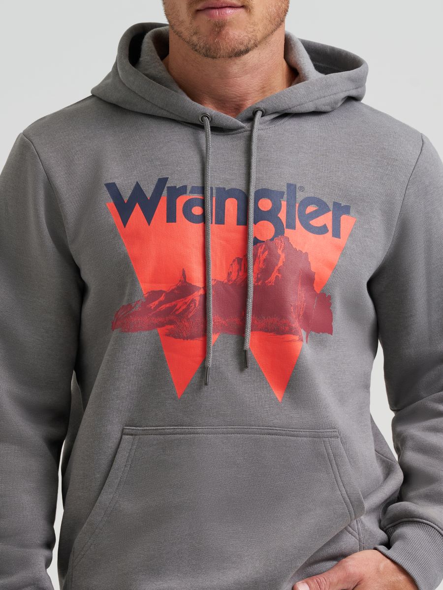 Gray hoodie with red and grey Wrangler logo on a gray background