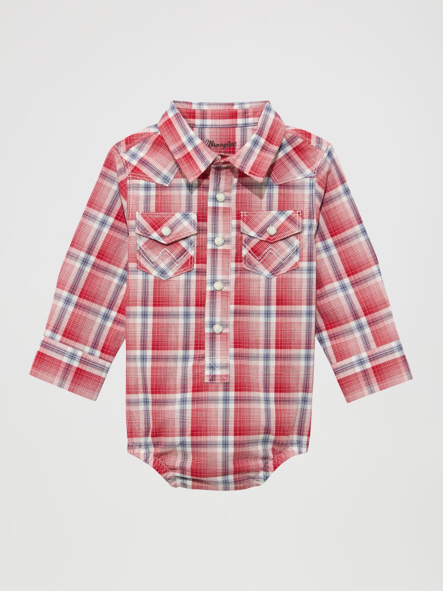Red plaid baby bodysuit on a light gray background