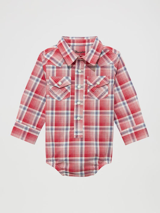 Red plaid baby bodysuit on a light gray background