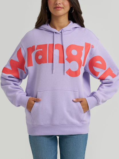 Person wearing a purple hoodie with red 'Wrangler' logo on a light gray background