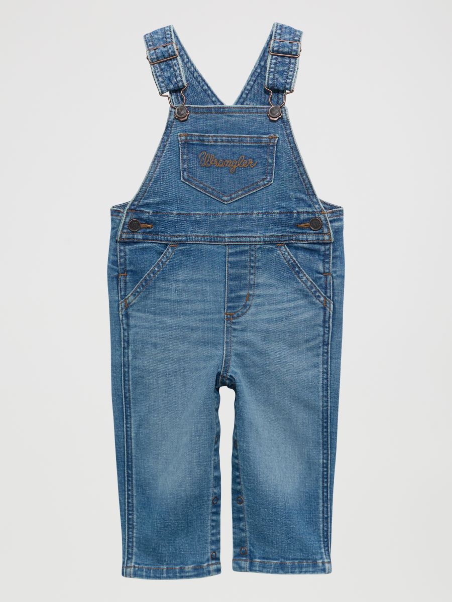 Blue denim toddler overalls on a light gray background