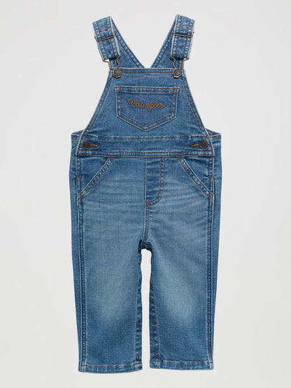 Blue denim toddler overalls on a light gray background