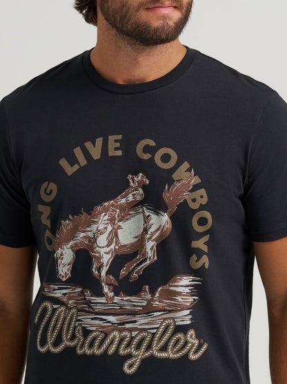 Black t-shirt with 'Live Cowboys' graphic and 'Wrangler' branding.