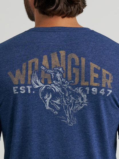 Blue Wrangler t-shirt with logo and text on the back