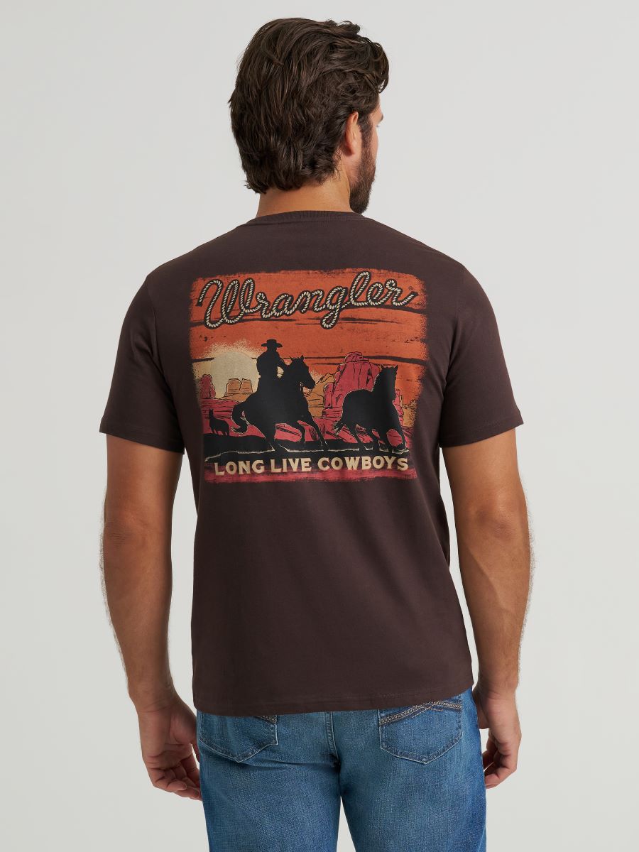 Man wearing a brown Wrangler t-shirt with a graphic design on the back.