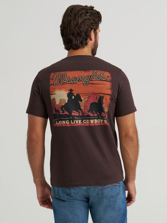 Man wearing a brown Wrangler t-shirt with a graphic design on the back.