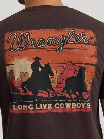 Brown t-shirt with Wrangler graphic of a cowboy and horses on a desert scene.