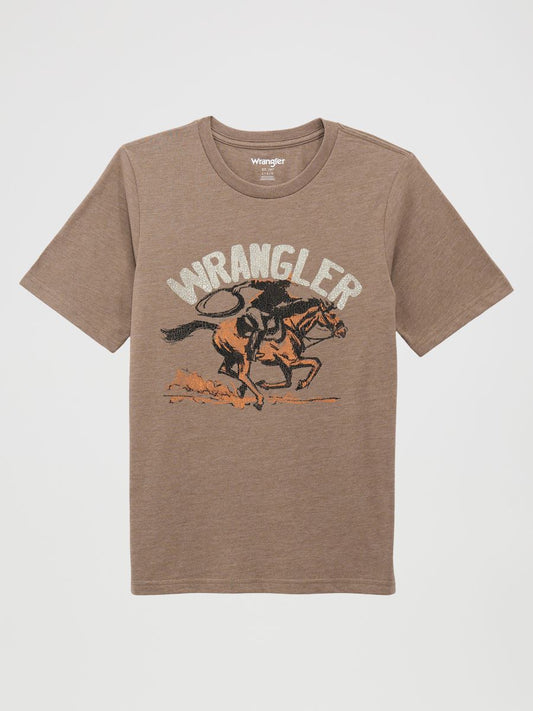Brown t-shirt with Wrangler logo and horse graphic on a white background
