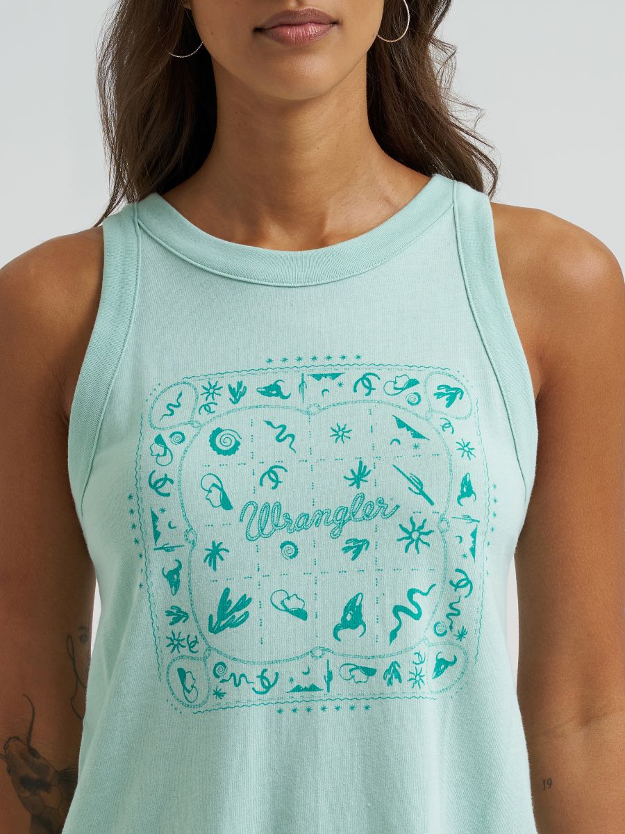 Person wearing a green Wrangler tank top with a brand logo on a plain background