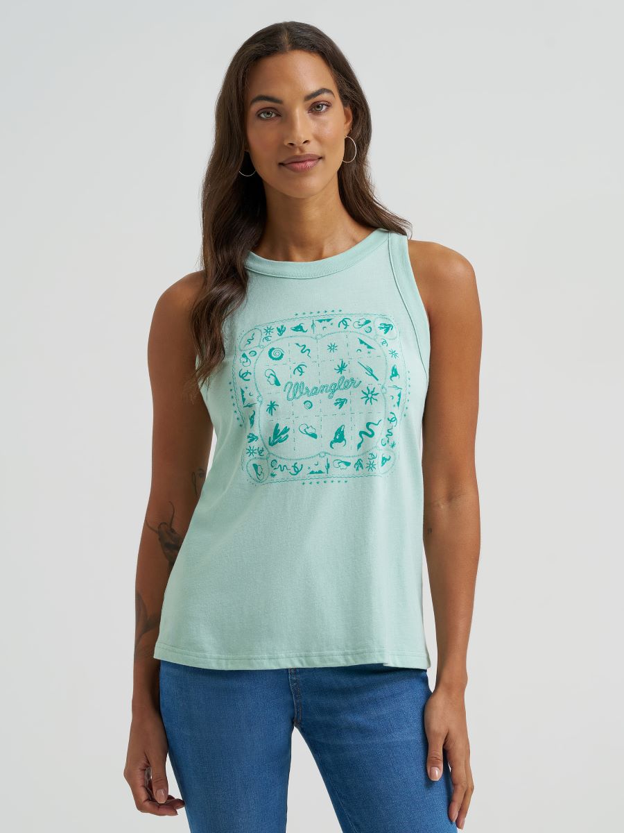 Woman wearing a green Wrangler tank top with a graphic design on a white background