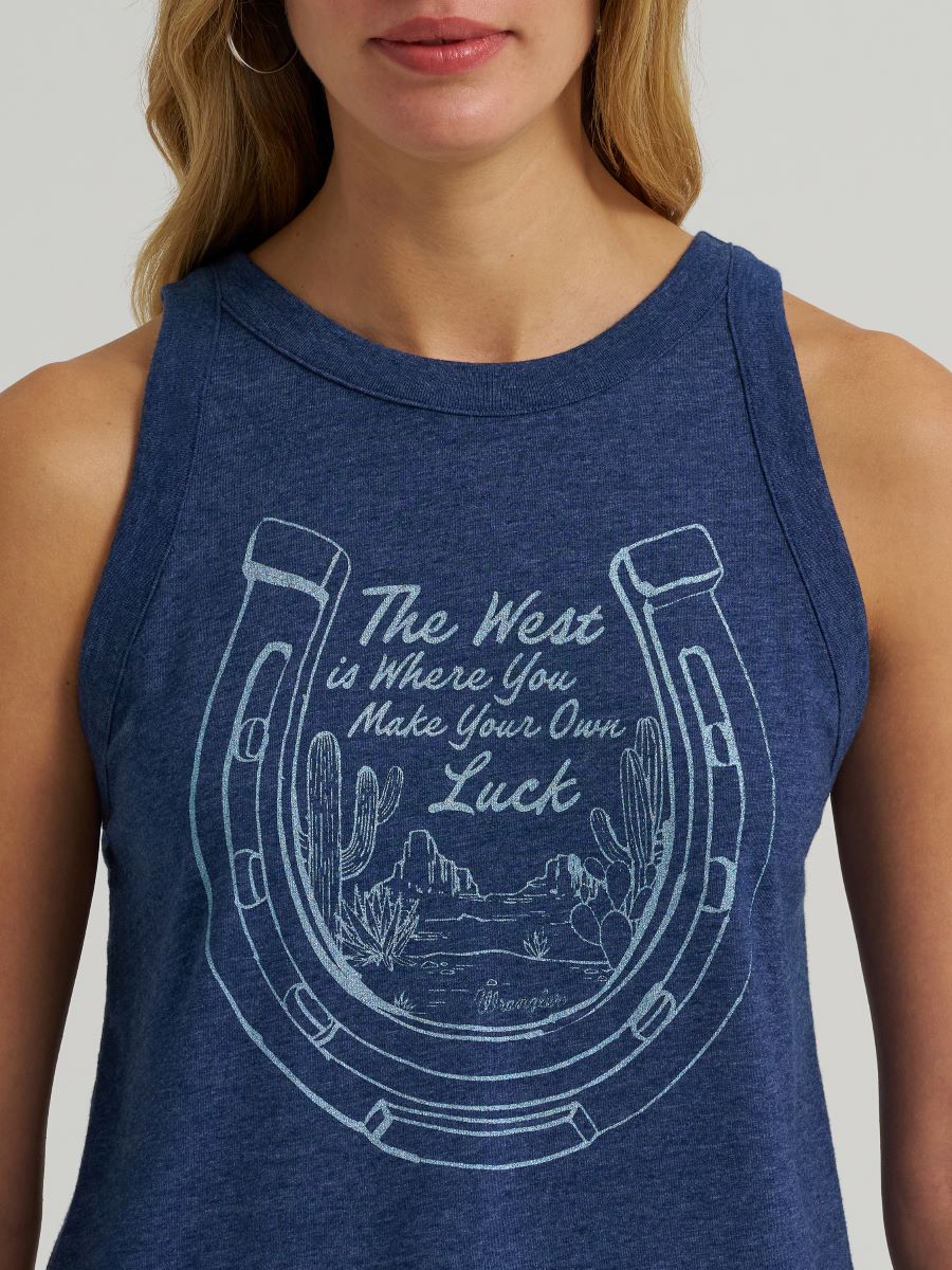 Blue Wrangler tank top with horseshoe design and text on a plain background