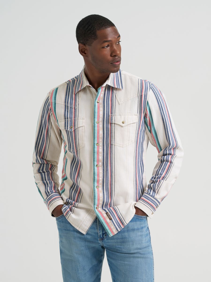 Man wearing a striped shirt Wrangler with a plain background